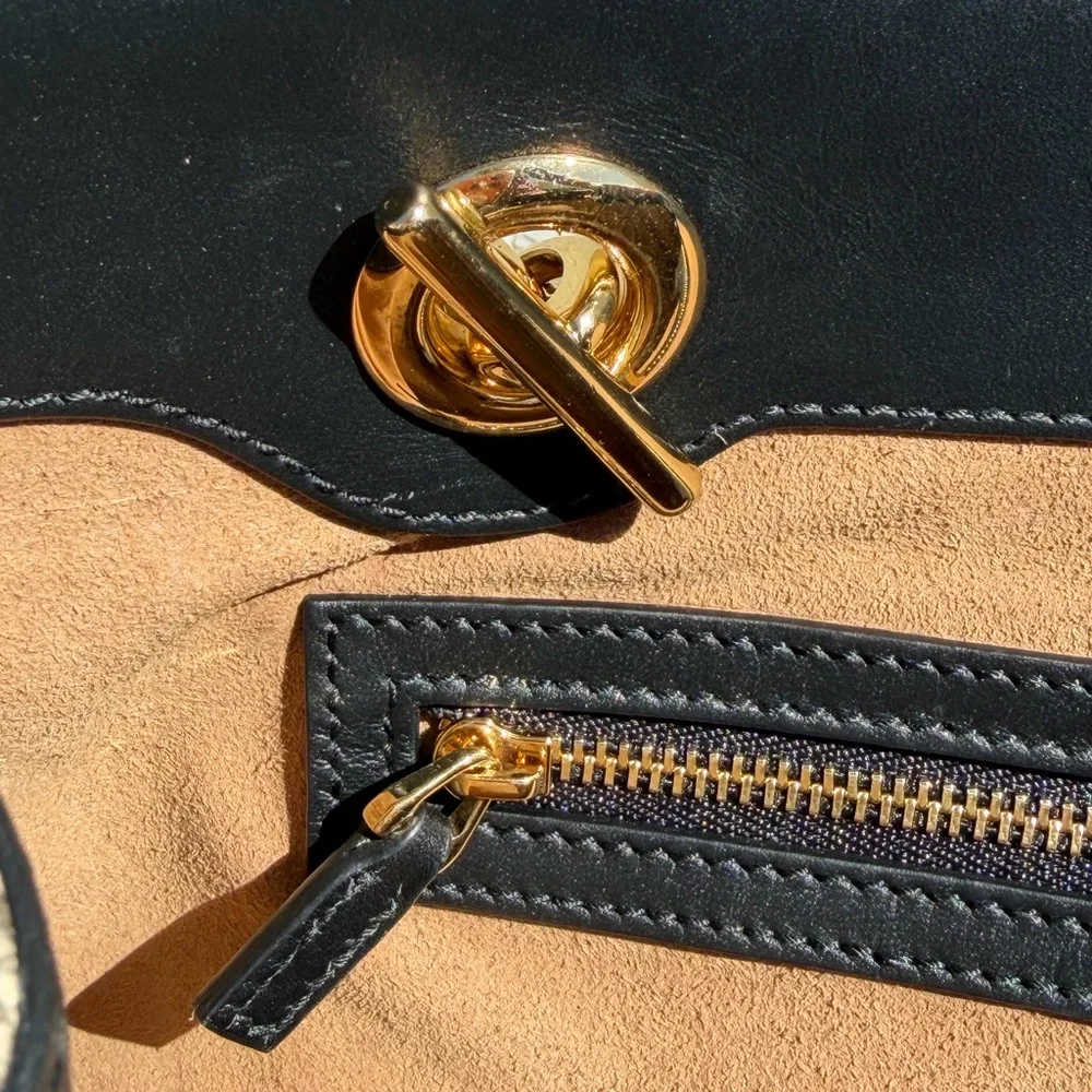 Gucci Beige GG Supreme Canvas Tote with Black Leather Trim and Gold Hardware
